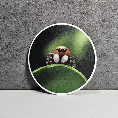 3 inch Matte Jumping Spider Sticker (Spider on a green Leaf)